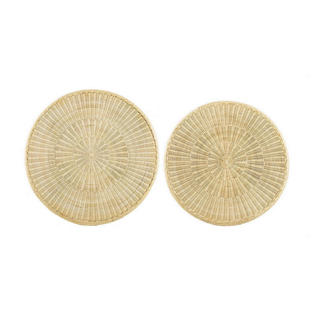 Benjara 32, 40 Inch Coffee Table Set of 2, Round Tops, Handwoven Rattan, Brown