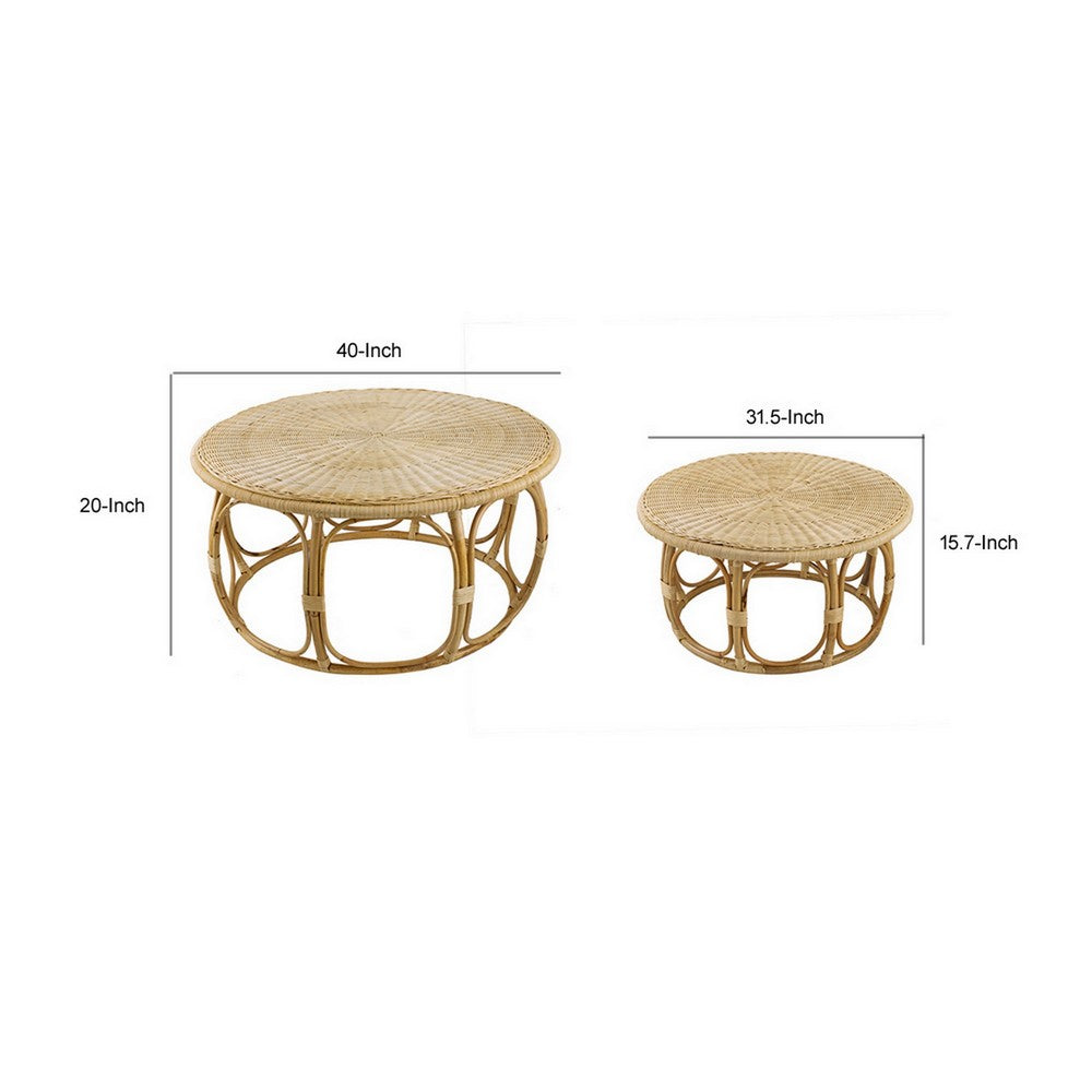 Benjara 32, 40 Inch Coffee Table Set of 2, Round Tops, Handwoven Rattan, Brown