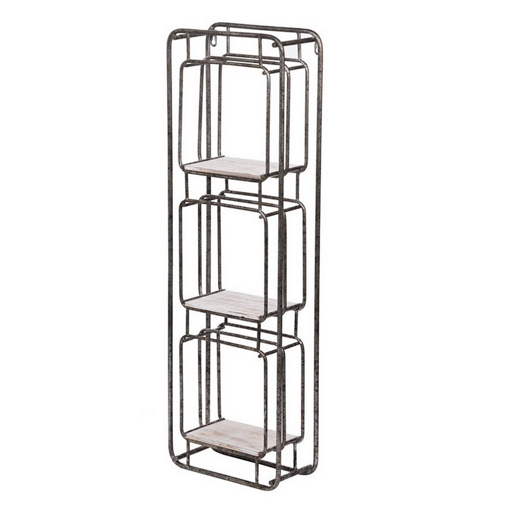 Benjara 36 Inch Shelves Set of 2, 3 Tier Design, Iron Frame, Wood, Gray Finish