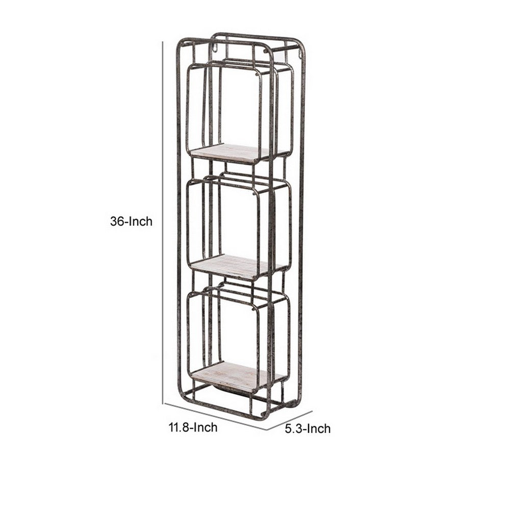 Benjara 36 Inch Shelves Set of 2, 3 Tier Design, Iron Frame, Wood, Gray Finish