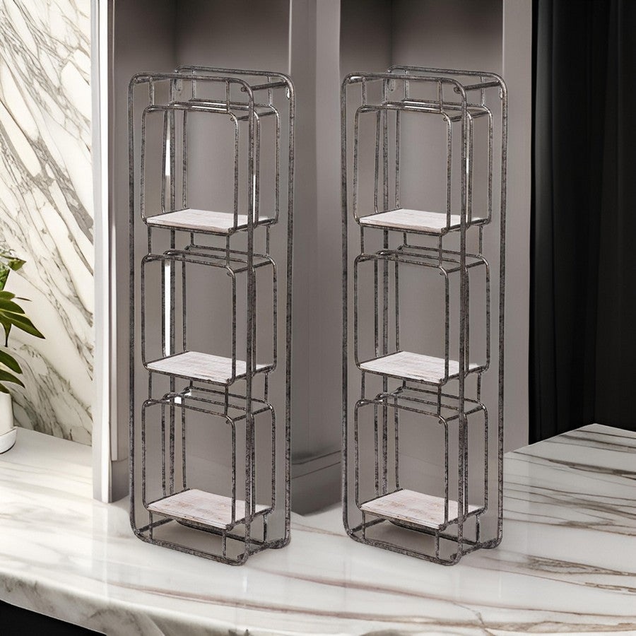 Benjara 36 Inch Shelves Set of 2, 3 Tier Design, Iron Frame, Wood, Gray Finish