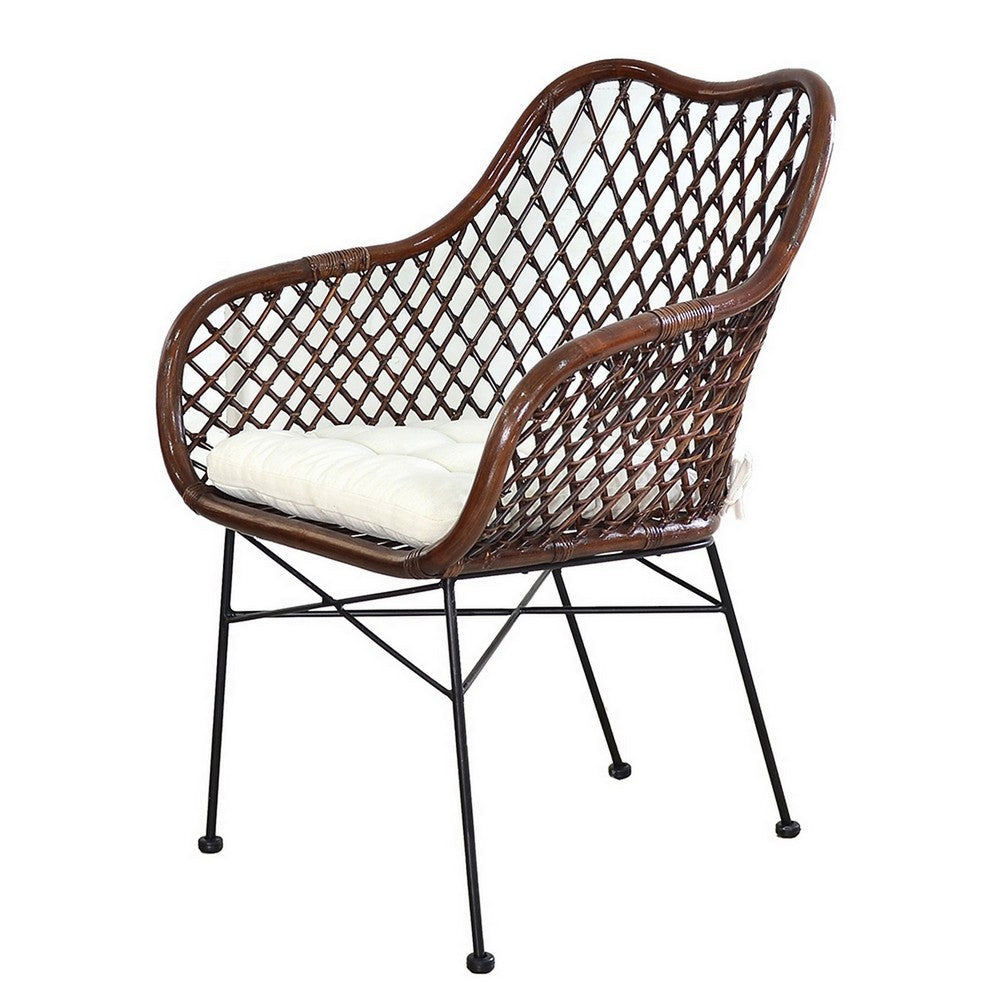 Benjara 25 Inch Palapa Side Chair, Cushion, Rattan Cane, Iron Legs, White, Black