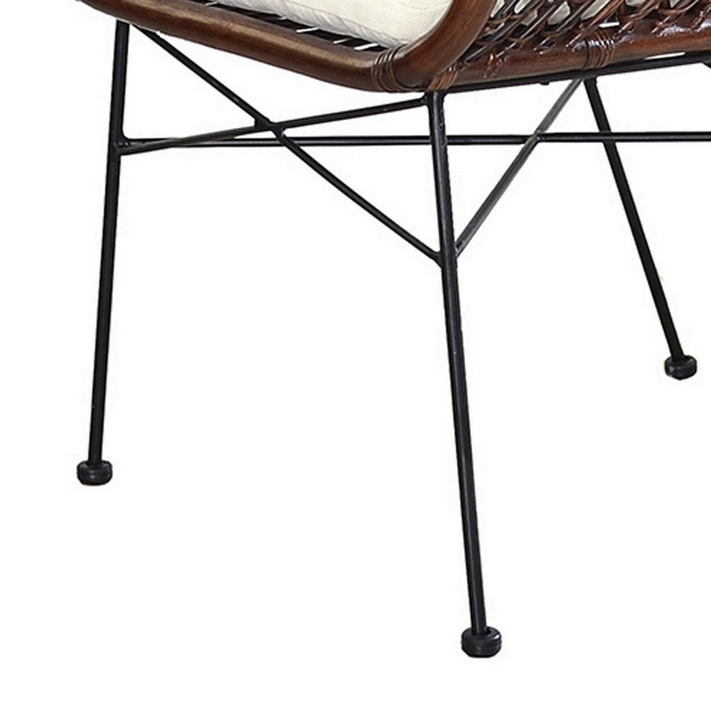 Benjara 25 Inch Palapa Side Chair, Cushion, Rattan Cane, Iron Legs, White, Black
