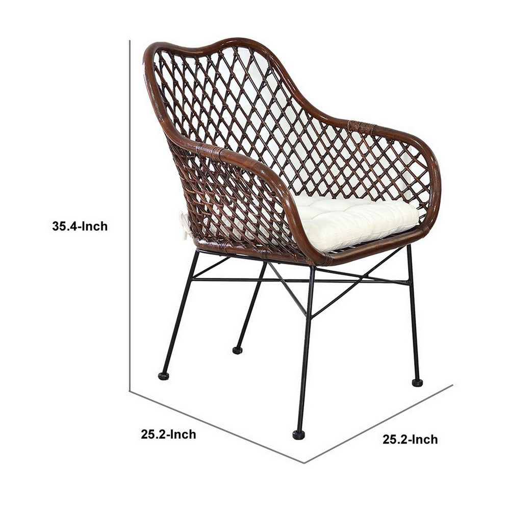 Benjara 25 Inch Palapa Side Chair, Cushion, Rattan Cane, Iron Legs, White, Black