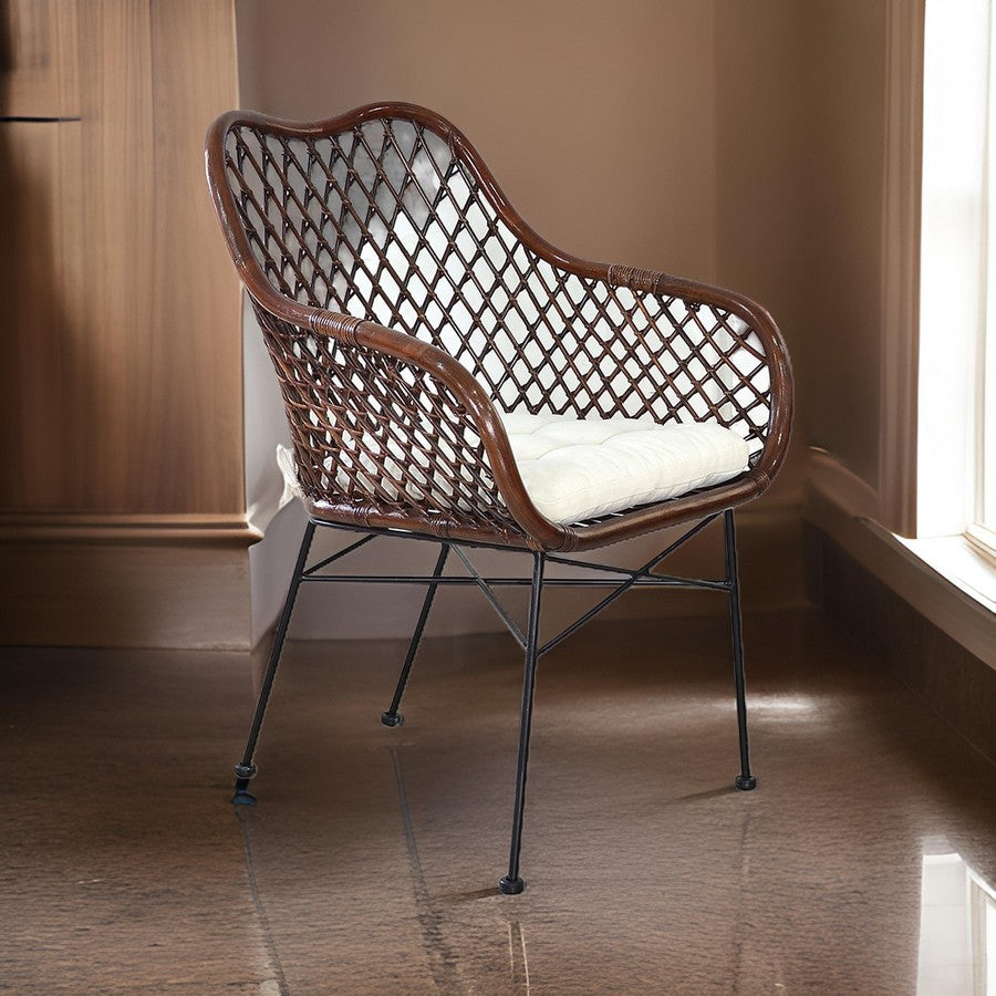 Benjara 25 Inch Palapa Side Chair, Cushion, Rattan Cane, Iron Legs, White, Black