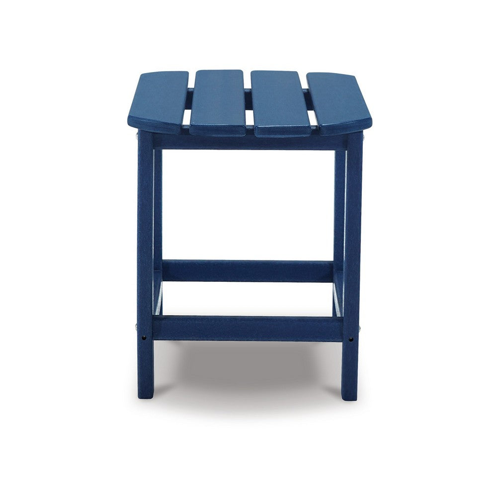 Benjara Suen 19 Inch End Table, Outdoor Blue Polyethylene Slatted Top, Steel Frame
