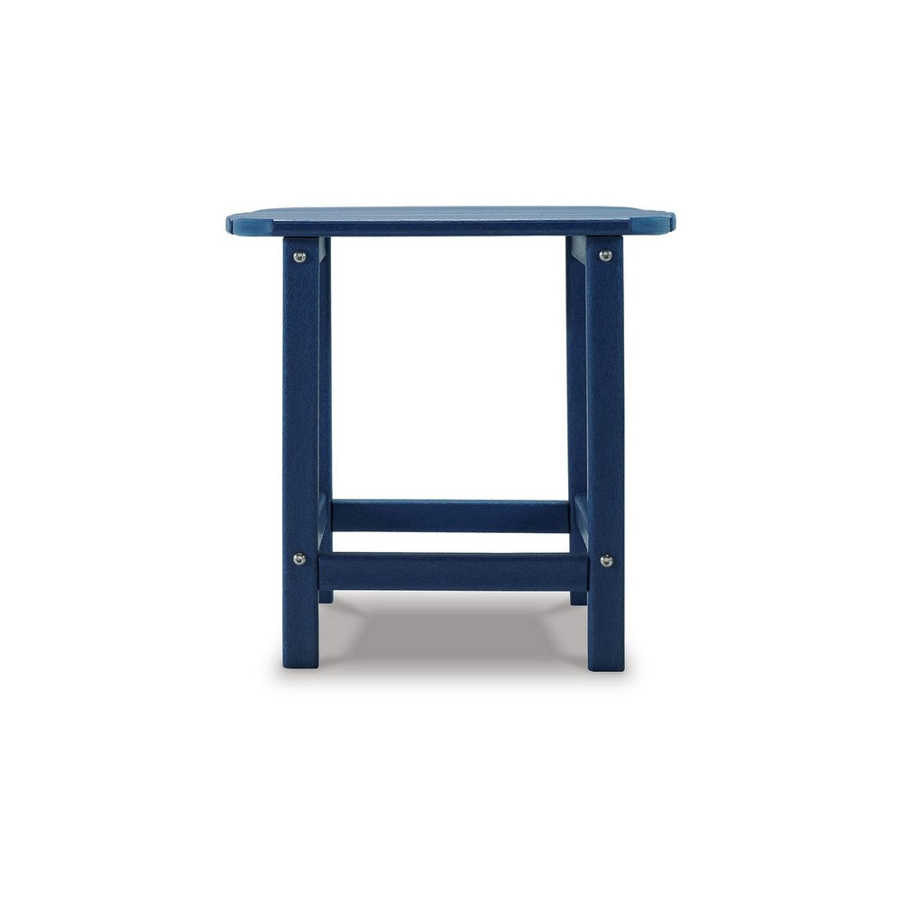 Benjara Suen 19 Inch End Table, Outdoor Blue Polyethylene Slatted Top, Steel Frame