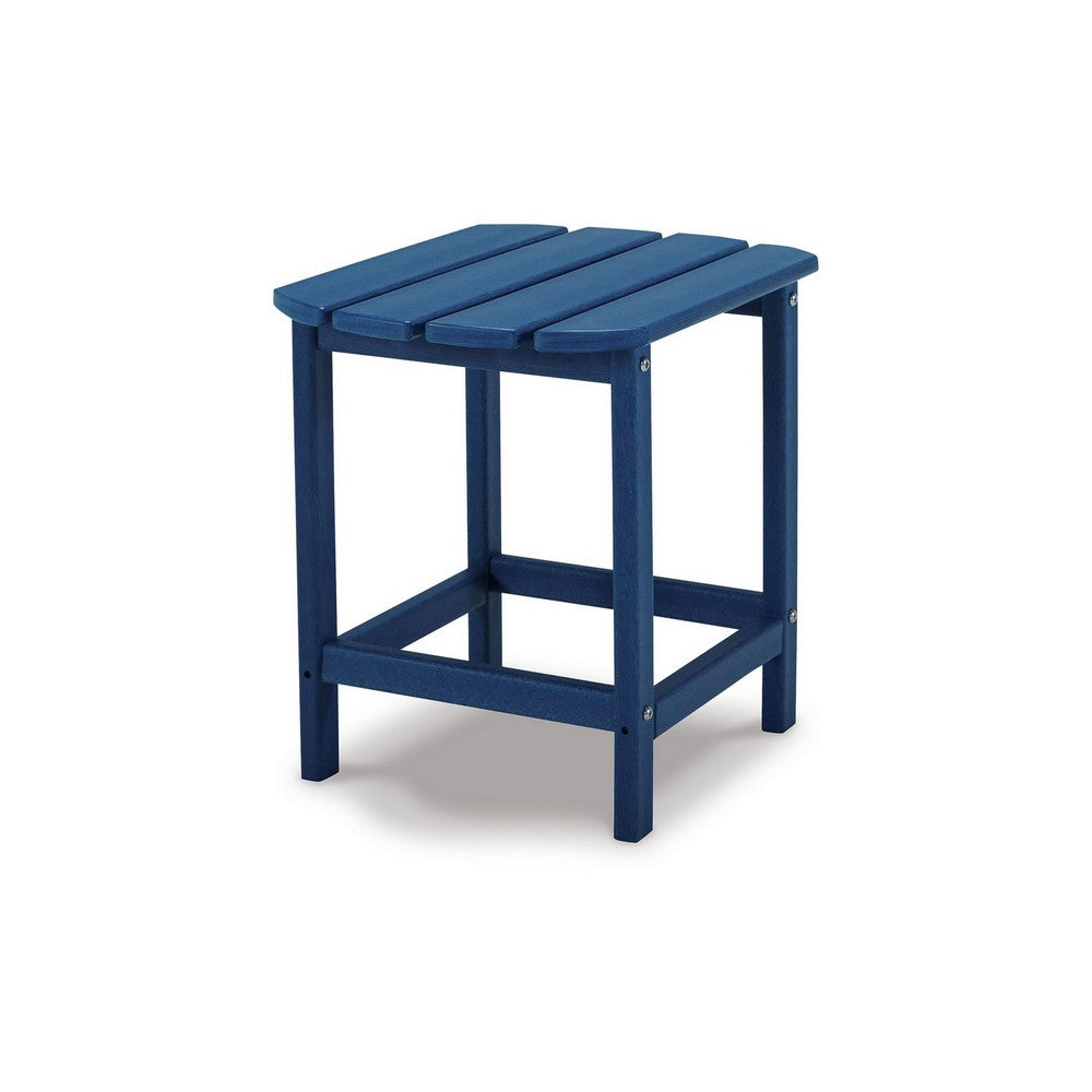 Benjara Suen 19 Inch End Table, Outdoor Blue Polyethylene Slatted Top, Steel Frame