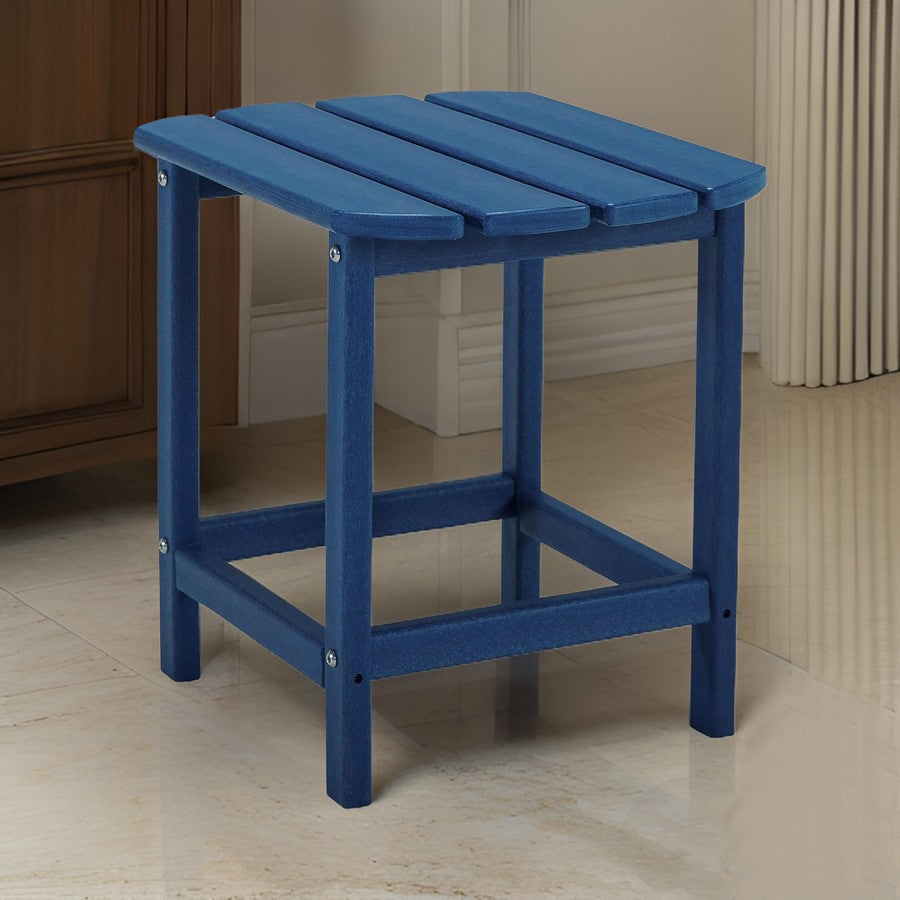 Benjara Suen 19 Inch End Table, Outdoor Blue Polyethylene Slatted Top, Steel Frame