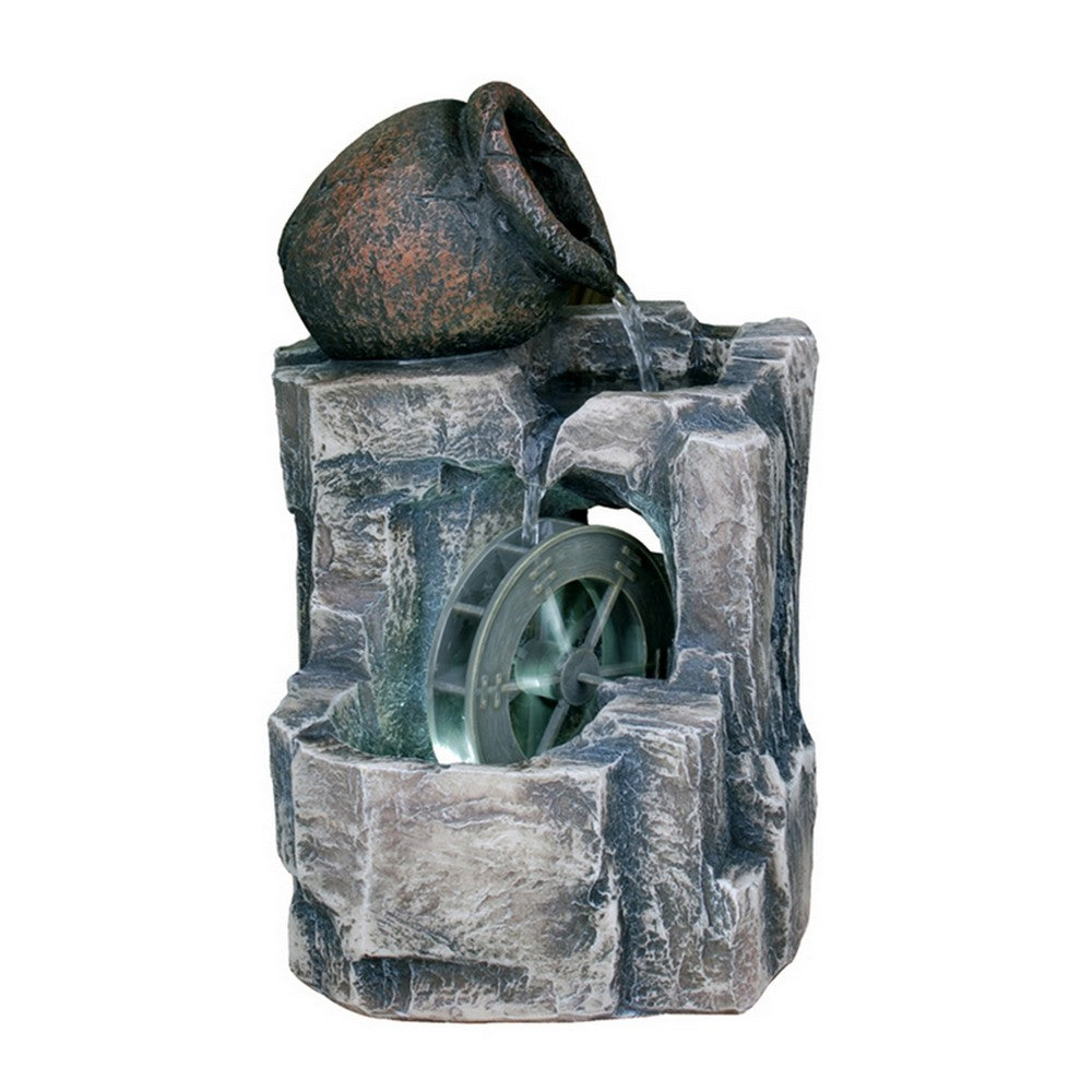 Benjara Tay 12 Inch Tabletop Water Fountain, Wheel Mill, LED Lighting, Rustic Gray