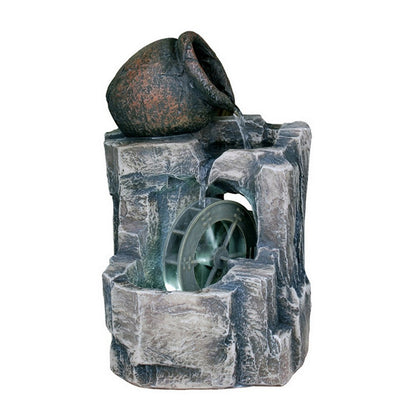 Benjara Tay 12 Inch Tabletop Water Fountain, Wheel Mill, LED Lighting, Rustic Gray