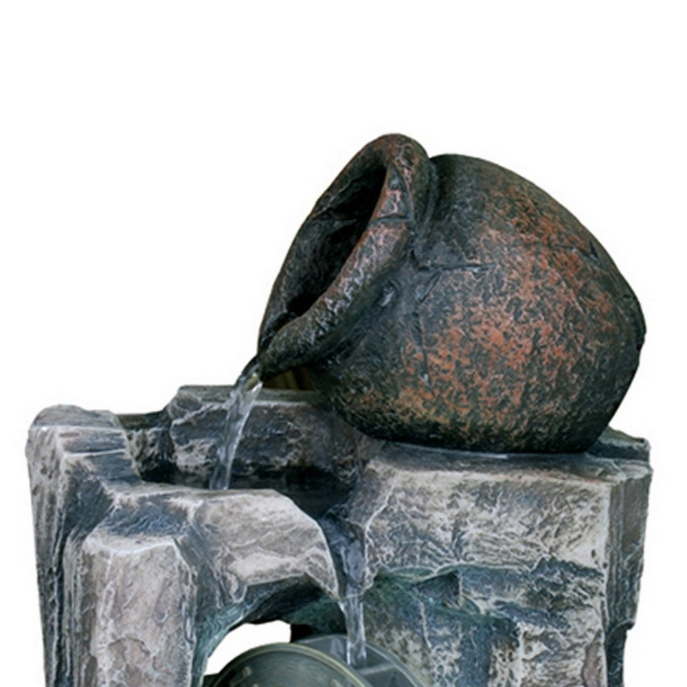 Benjara Tay 12 Inch Tabletop Water Fountain, Wheel Mill, LED Lighting, Rustic Gray