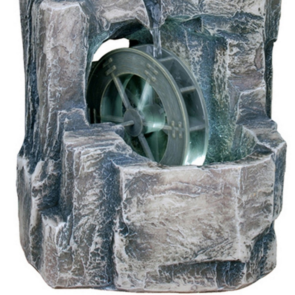 Benjara Tay 12 Inch Tabletop Water Fountain, Wheel Mill, LED Lighting, Rustic Gray