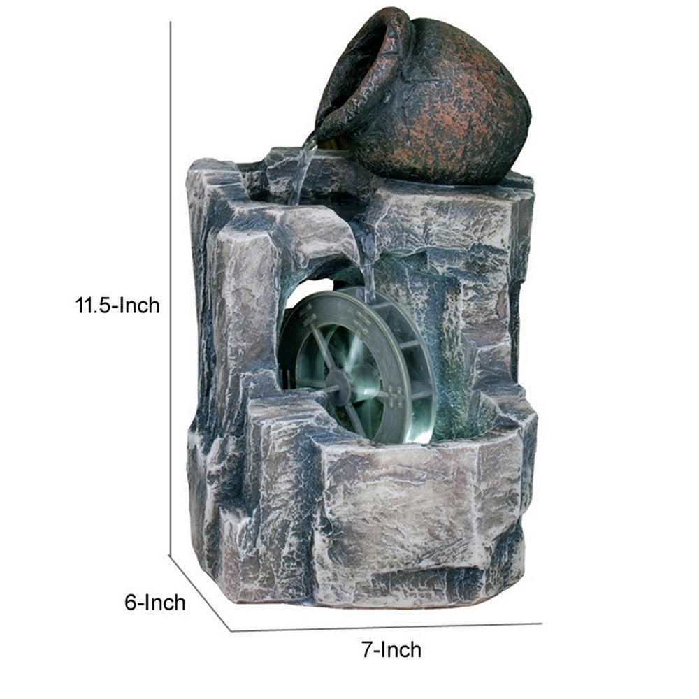 Benjara Tay 12 Inch Tabletop Water Fountain, Wheel Mill, LED Lighting, Rustic Gray