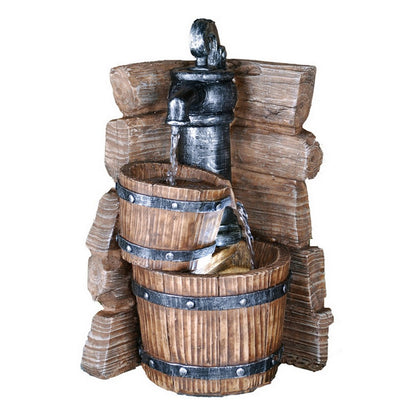 Benjara Tay 12 Inch Tabletop Water Fountain, Barrels, LED, Pebble Stones, Brown