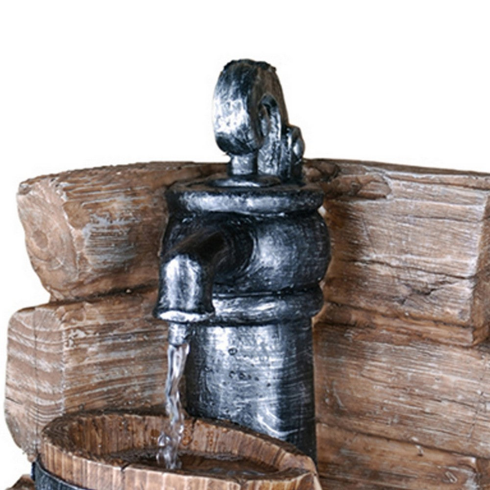 Benjara Tay 12 Inch Tabletop Water Fountain, Barrels, LED, Pebble Stones, Brown