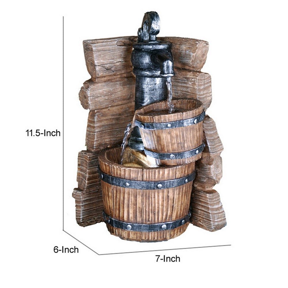 Benjara Tay 12 Inch Tabletop Water Fountain, Barrels, LED, Pebble Stones, Brown