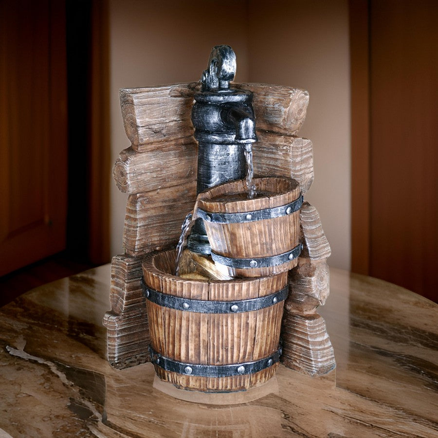 Benjara Tay 12 Inch Tabletop Water Fountain, Barrels, LED, Pebble Stones, Brown