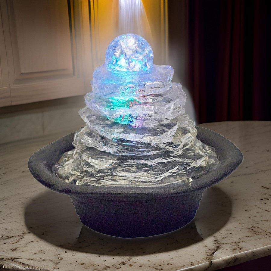 Benjara Sumi 9 Inch Ice Tabletop Water Fountain, Rock Climb Glass Ball, Multicolor