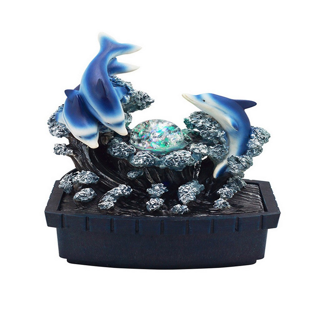 Benjara Eci 11 Inch Dolphin Tabletop Water Fountain, LED Light, Painted Multicolor
