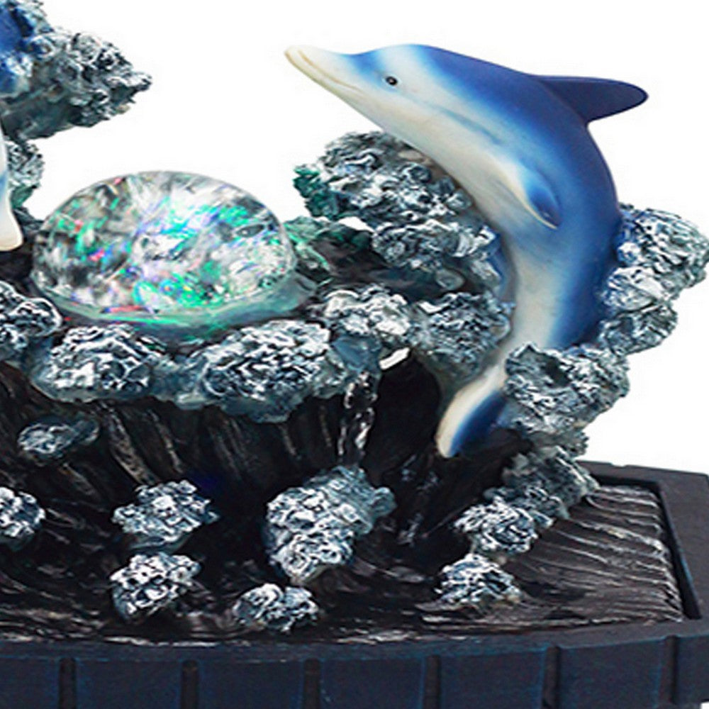 Benjara Eci 11 Inch Dolphin Tabletop Water Fountain, LED Light, Painted Multicolor
