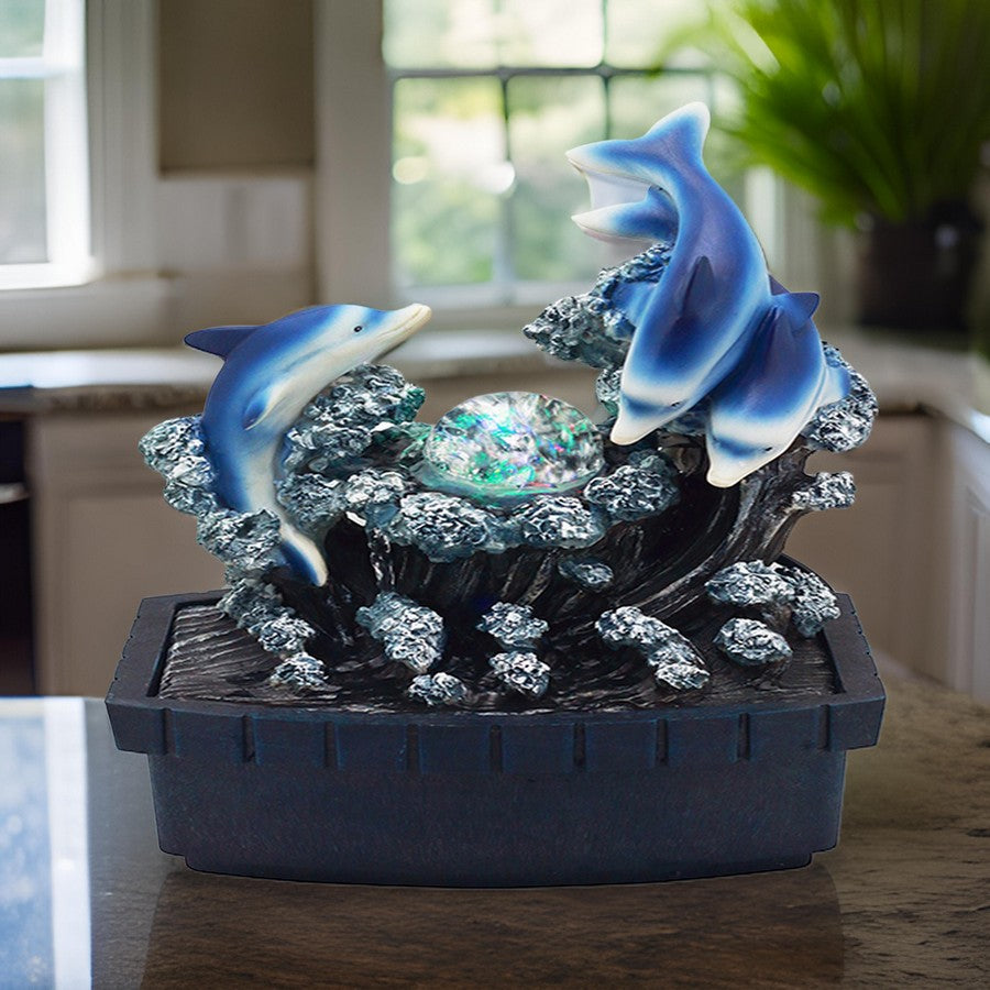Benjara Eci 11 Inch Dolphin Tabletop Water Fountain, LED Light, Painted Multicolor