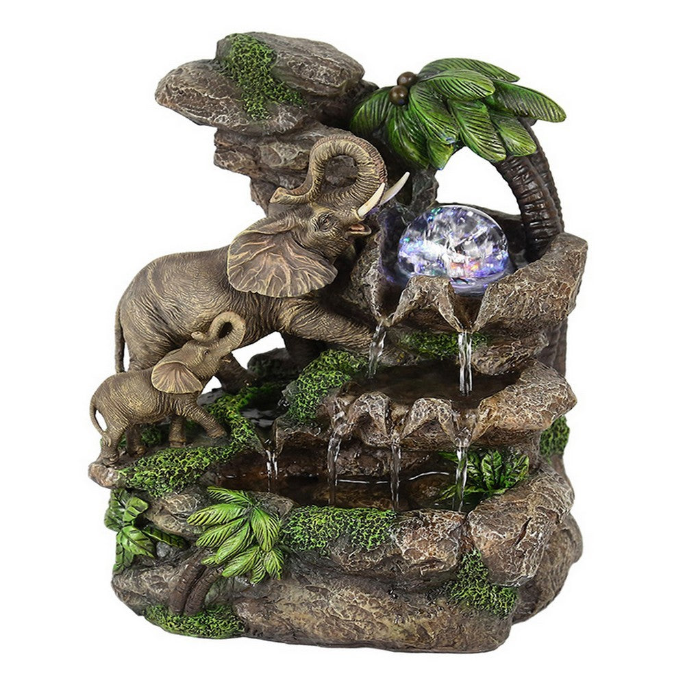 Benjara Eci 11 Inch Elephant Tabletop Water Fountain, Crystal LED Light, Multicolor