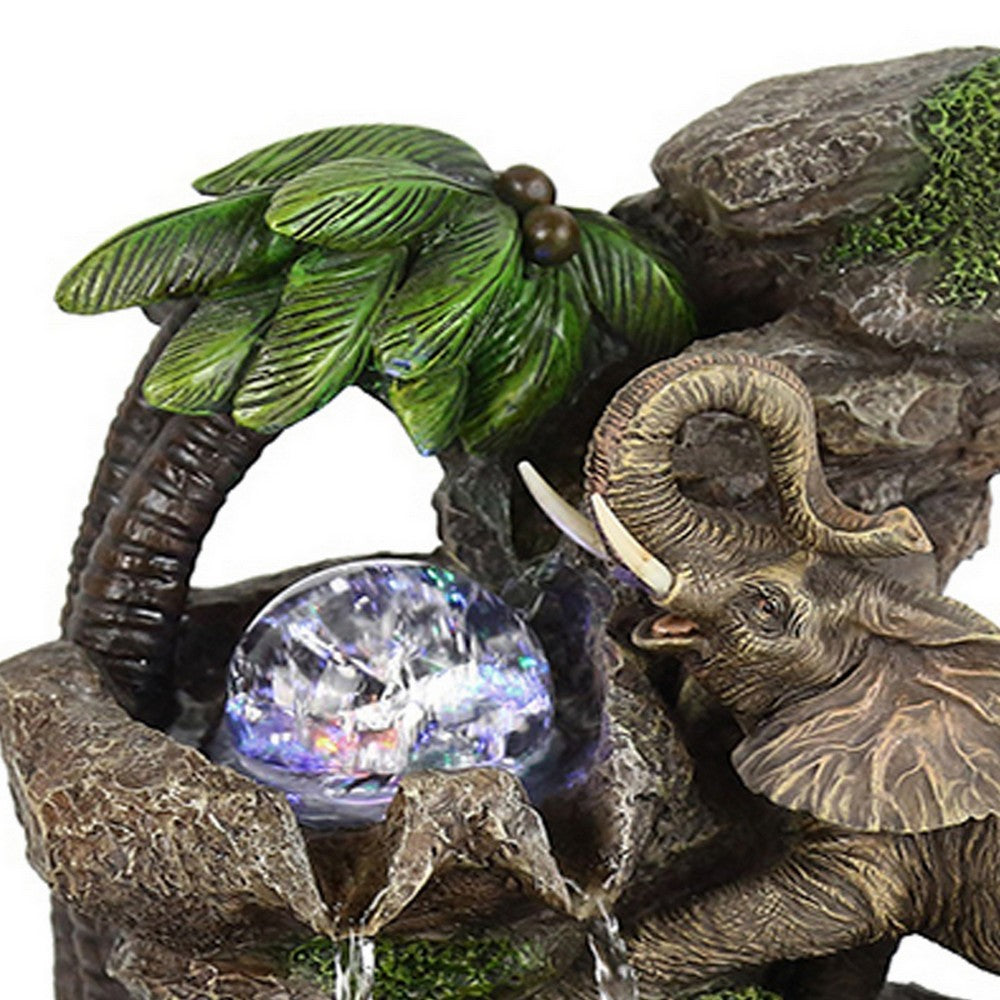 Benjara Eci 11 Inch Elephant Tabletop Water Fountain, Crystal LED Light, Multicolor