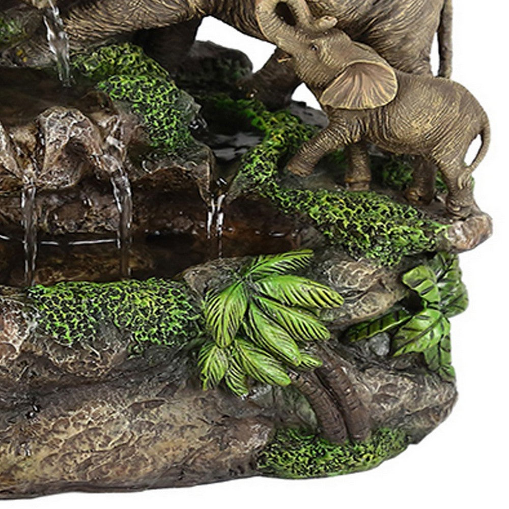 Benjara Eci 11 Inch Elephant Tabletop Water Fountain, Crystal LED Light, Multicolor