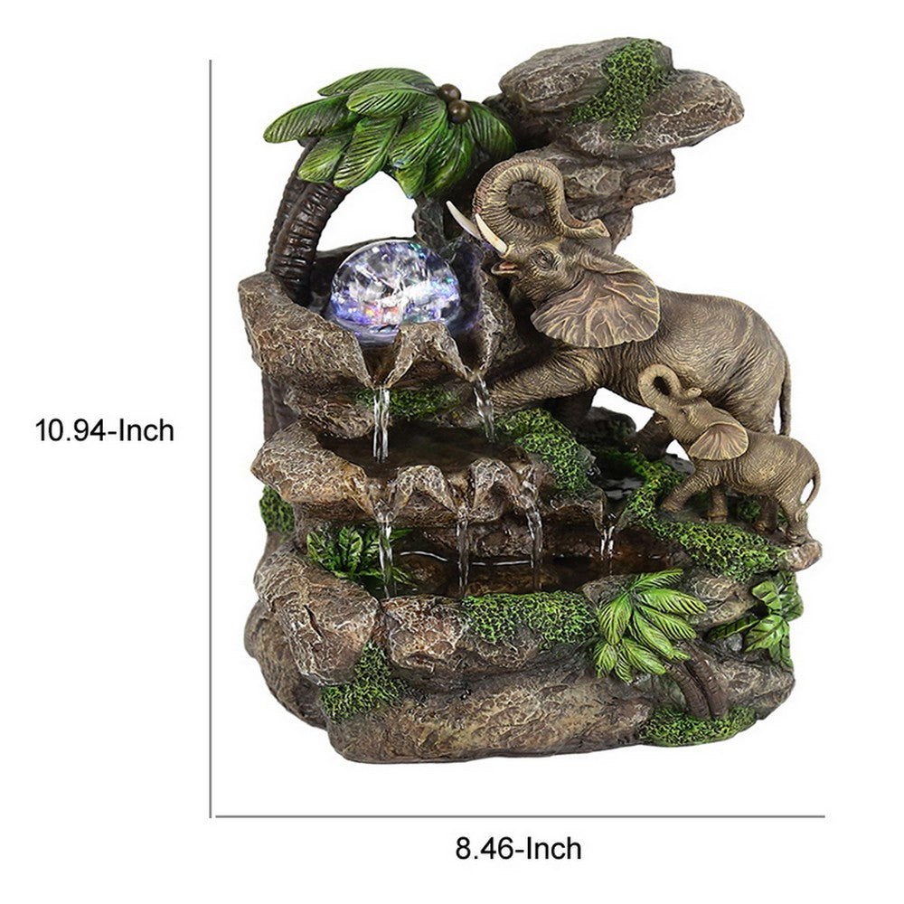 Benjara Eci 11 Inch Elephant Tabletop Water Fountain, Crystal LED Light, Multicolor