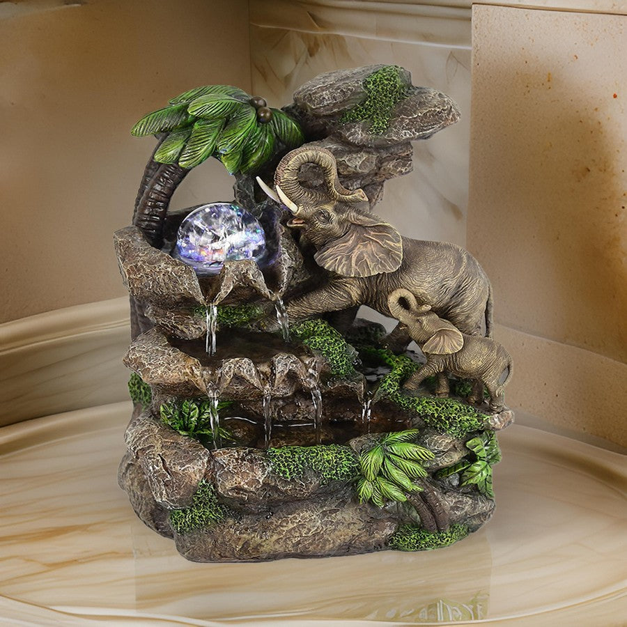 Benjara Eci 11 Inch Elephant Tabletop Water Fountain, Crystal LED Light, Multicolor