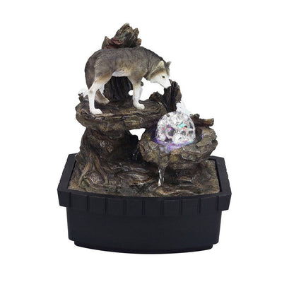 Benjara Eci 10 Inch Wolf Tabletop Water Fountain, LED Lights, Painted Gray Finish
