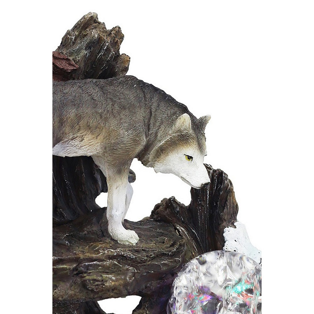 Benjara Eci 10 Inch Wolf Tabletop Water Fountain, LED Lights, Painted Gray Finish