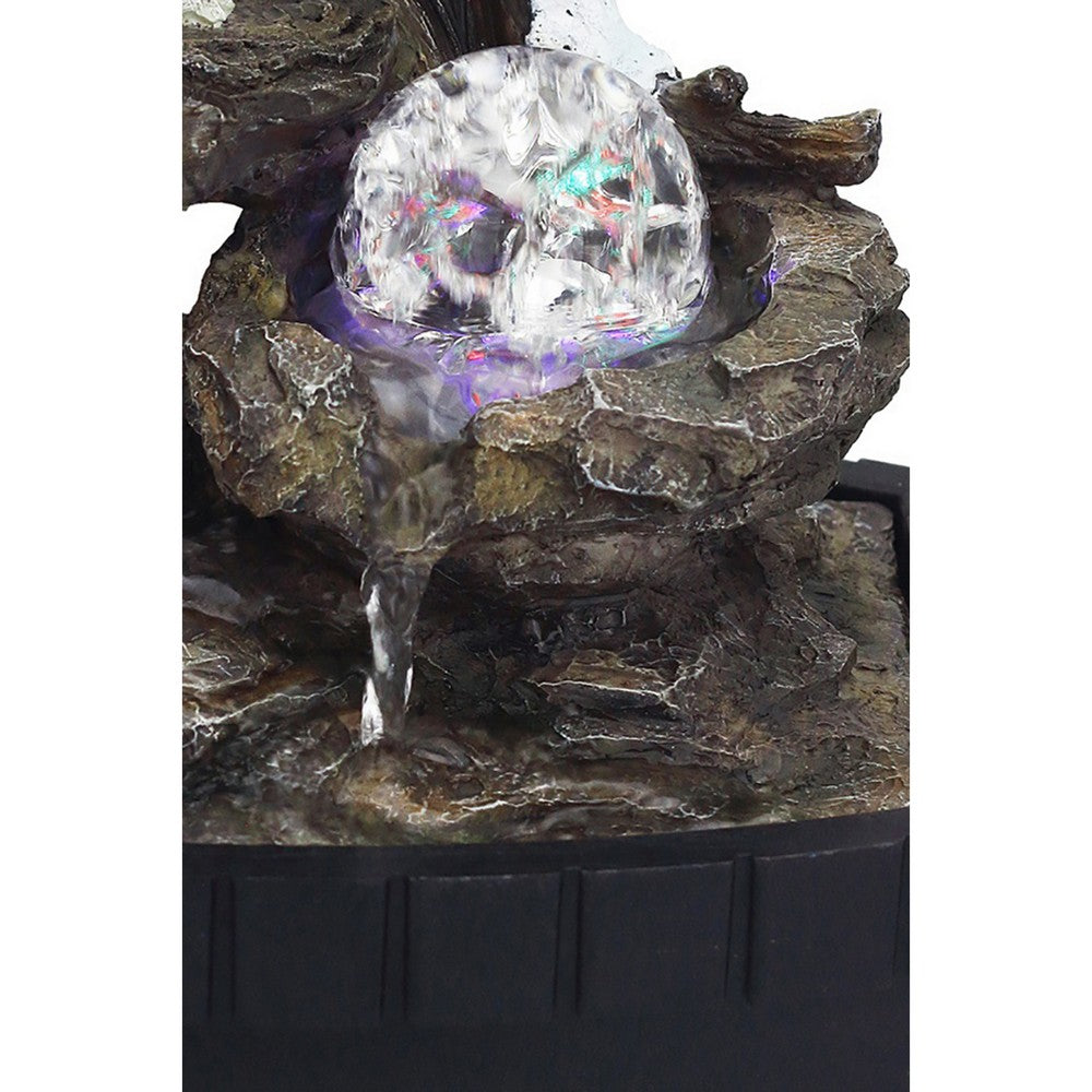 Benjara Eci 10 Inch Wolf Tabletop Water Fountain, LED Lights, Painted Gray Finish