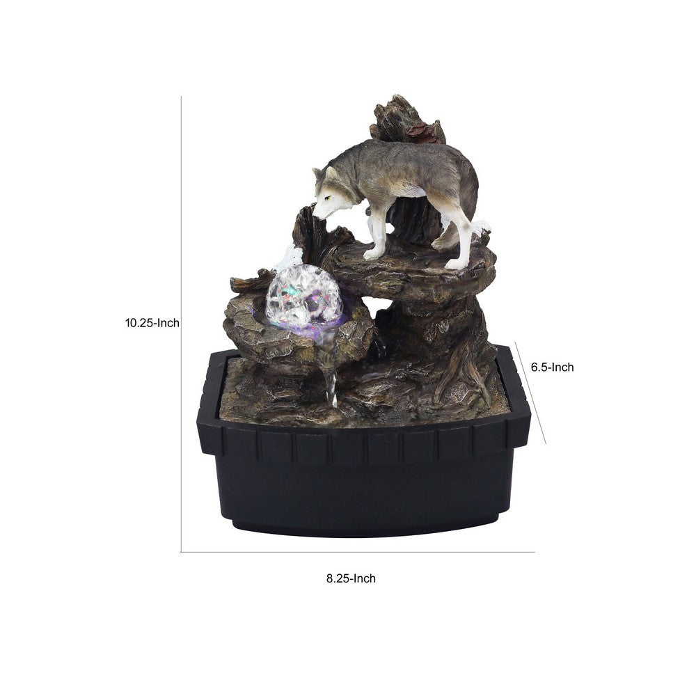 Benjara Eci 10 Inch Wolf Tabletop Water Fountain, LED Lights, Painted Gray Finish
