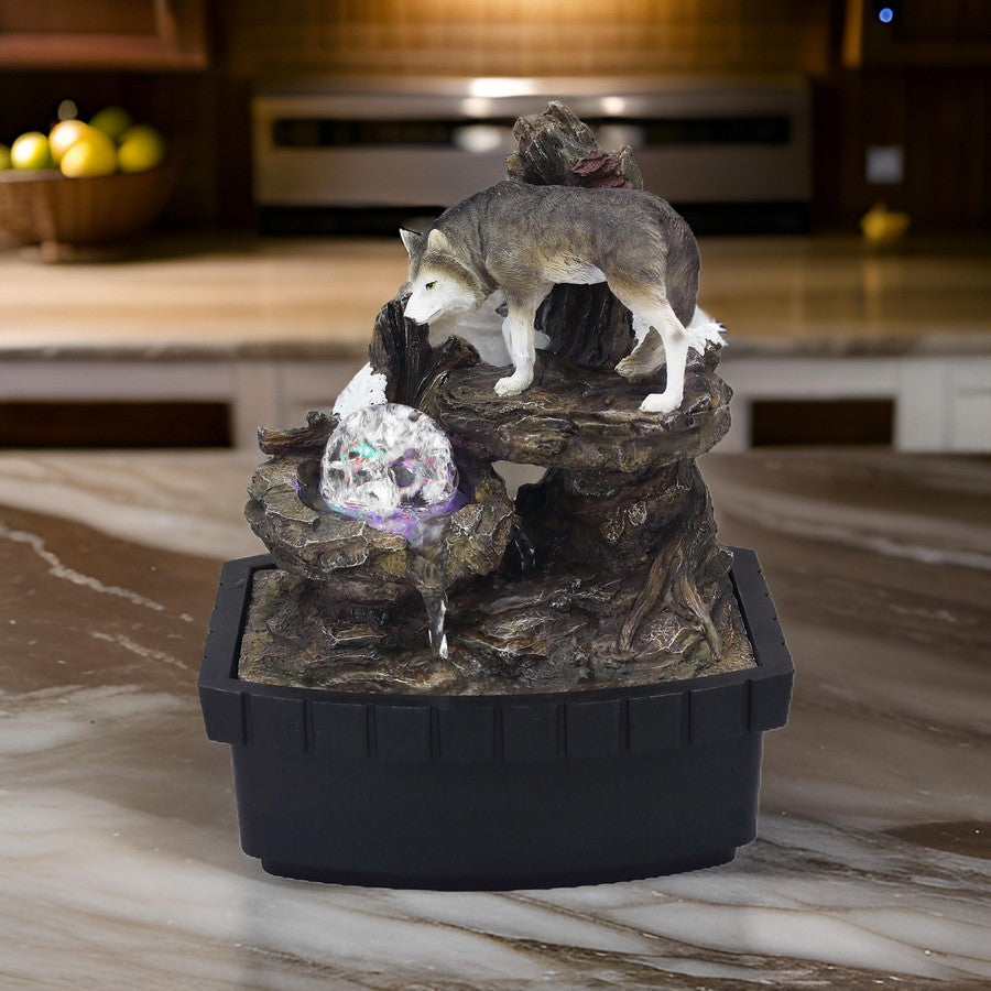 Benjara Eci 10 Inch Wolf Tabletop Water Fountain, LED Lights, Painted Gray Finish