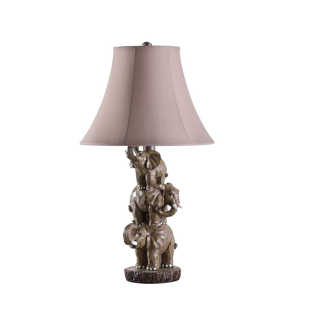 Benjara 21 Inch Accent Table Lamp, 3 Stacked Elephants, Linen Bell Shade Brown Gray