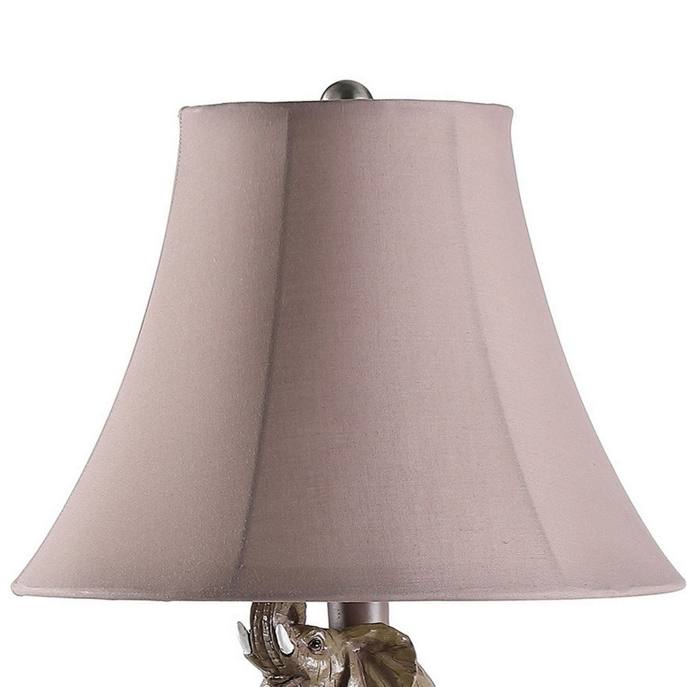 Benjara 21 Inch Accent Table Lamp, 3 Stacked Elephants, Linen Bell Shade Brown Gray