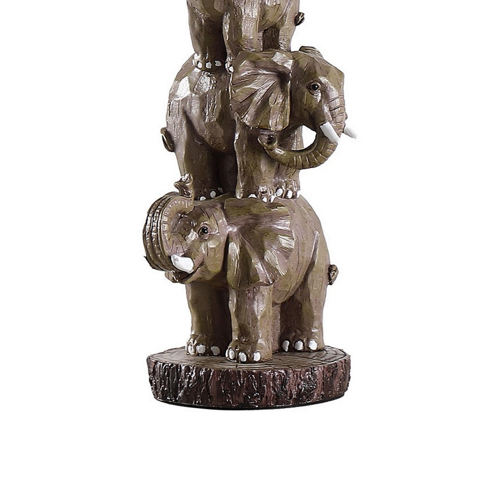 Benjara 21 Inch Accent Table Lamp, 3 Stacked Elephants, Linen Bell Shade Brown Gray