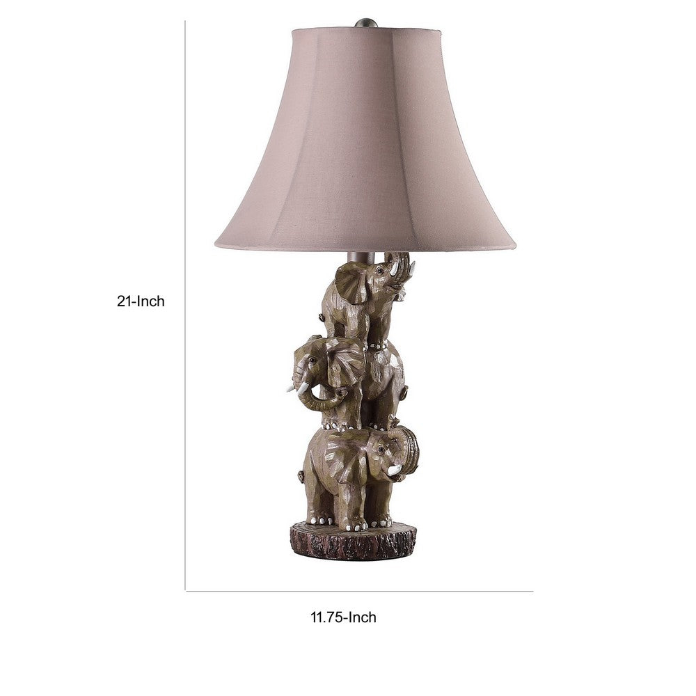 Benjara 21 Inch Accent Table Lamp, 3 Stacked Elephants, Linen Bell Shade Brown Gray