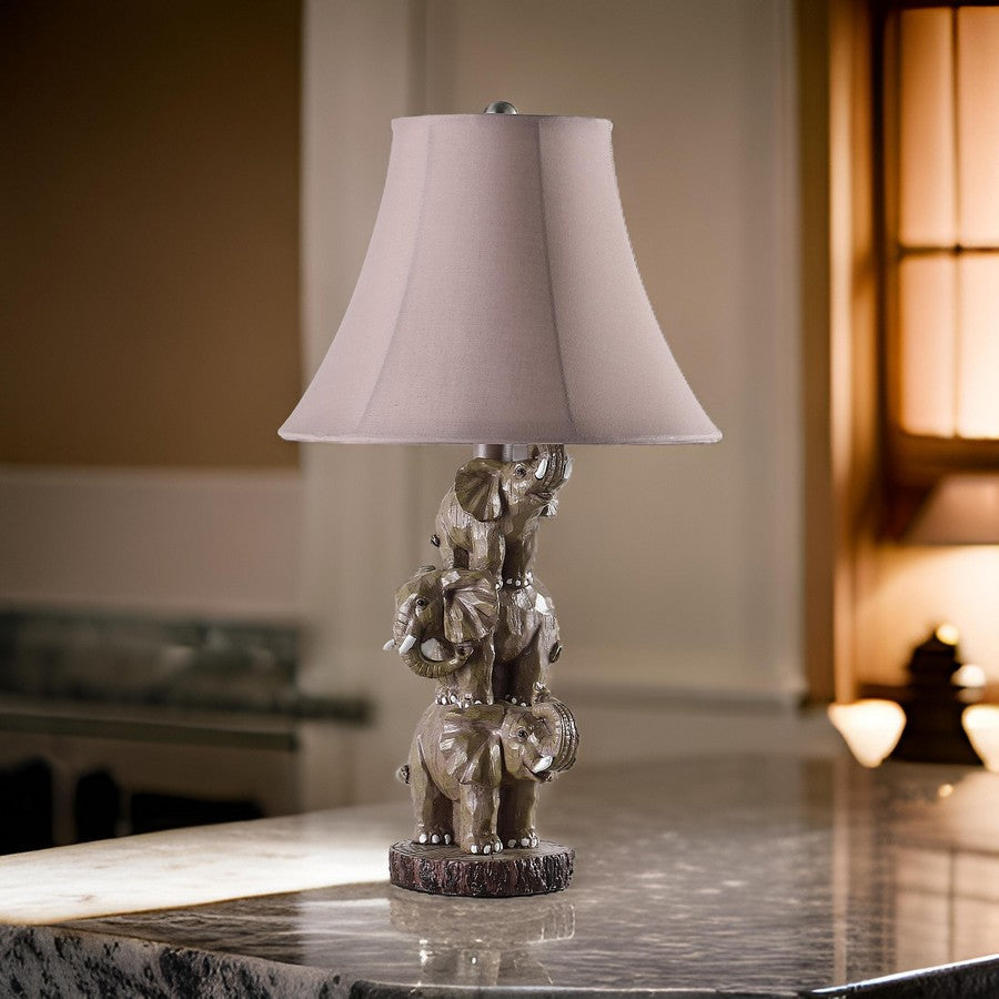 Benjara 21 Inch Accent Table Lamp, 3 Stacked Elephants, Linen Bell Shade Brown Gray