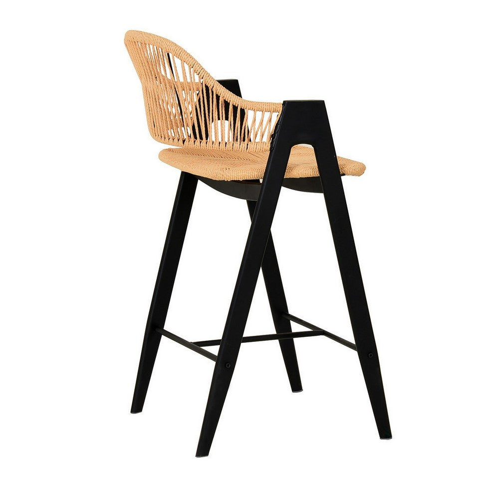Benjara 26 Inch Counter Stool Chair Set of 2, Woven Back, Iron Frame, Rattan, Beige
