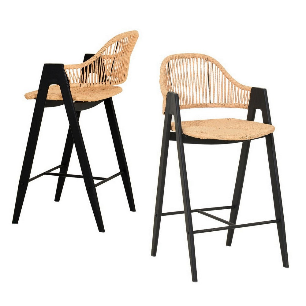Benjara 26 Inch Counter Stool Chair Set of 2, Woven Back, Iron Frame, Rattan, Beige