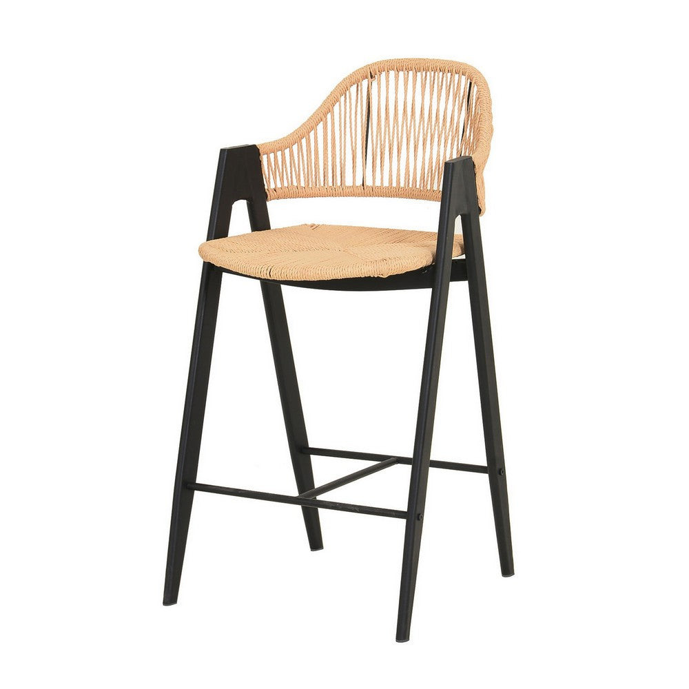 Benjara 26 Inch Counter Stool Chair Set of 2, Woven Back, Iron Frame, Rattan, Beige