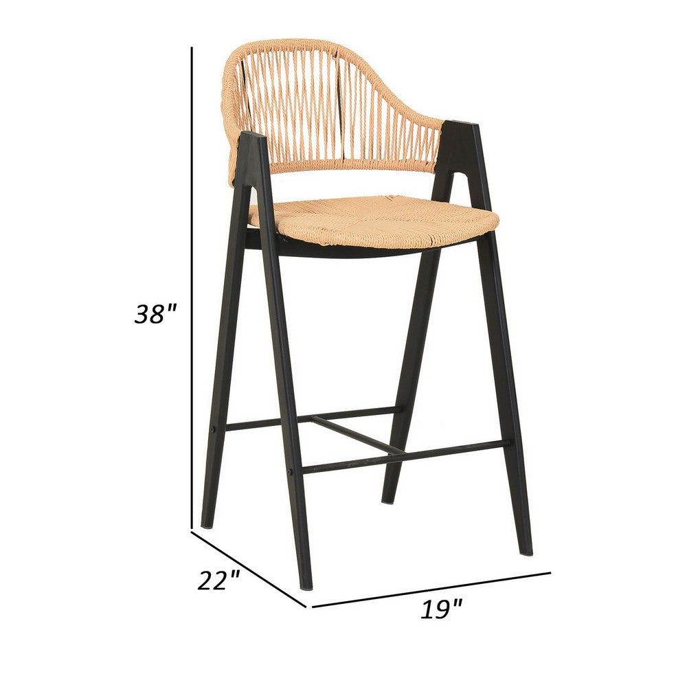 Benjara 26 Inch Counter Stool Chair Set of 2, Woven Back, Iron Frame, Rattan, Beige