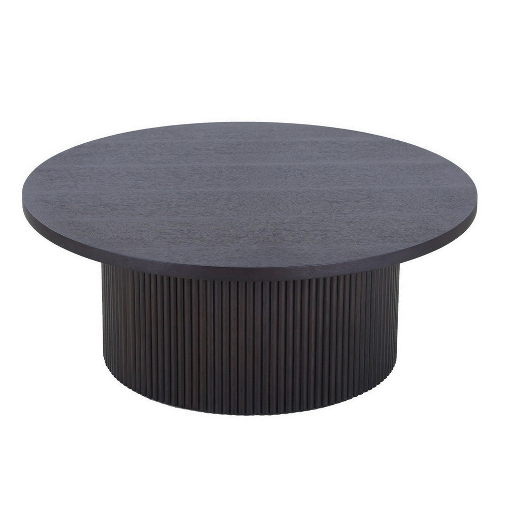 Benjara Cid Cue 35 Inch Coffee Table, Tambour Pedestal Base Black Ash Veneer Finish