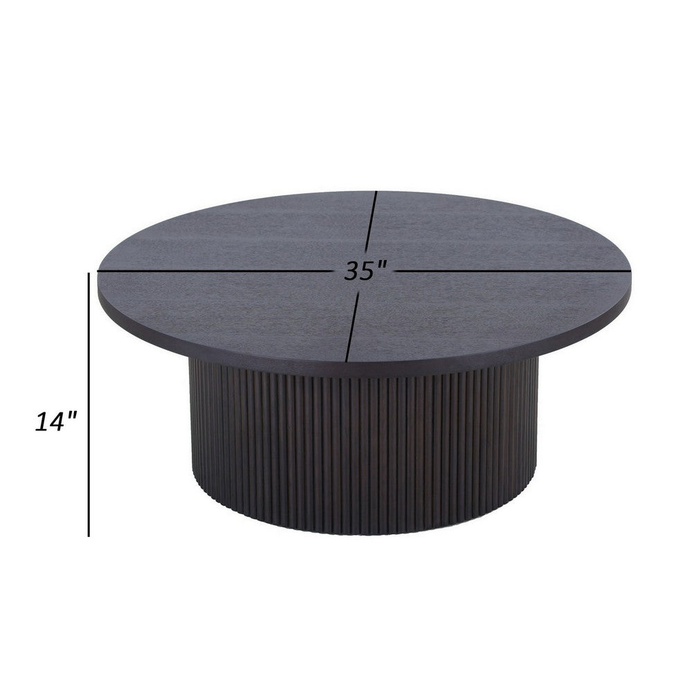 Benjara Cid Cue 35 Inch Coffee Table, Tambour Pedestal Base Black Ash Veneer Finish