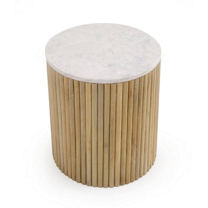 Benjara Cid Jolie 18 Inch Side End Table, White Marble Top, Brown Mango Wood Base