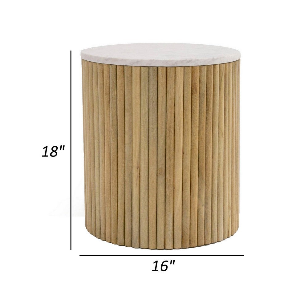 Benjara Cid Jolie 18 Inch Side End Table, White Marble Top, Brown Mango Wood Base
