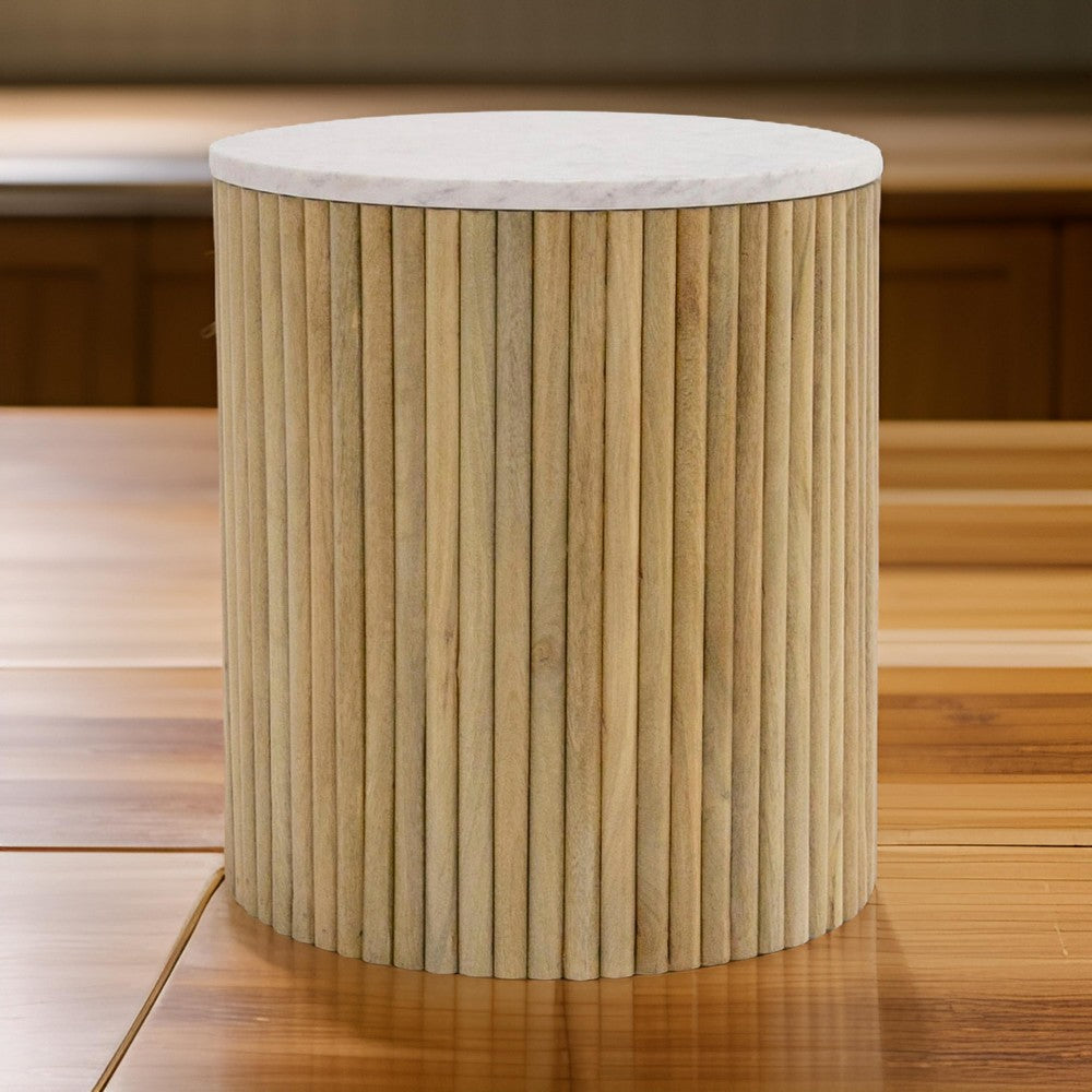 Benjara Cid Jolie 18 Inch Side End Table, White Marble Top, Brown Mango Wood Base